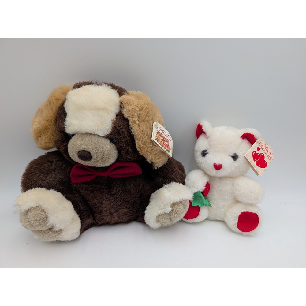 Dandee Soft Expressions Plush Lot Brown Dog Red Bow White Bear Rose